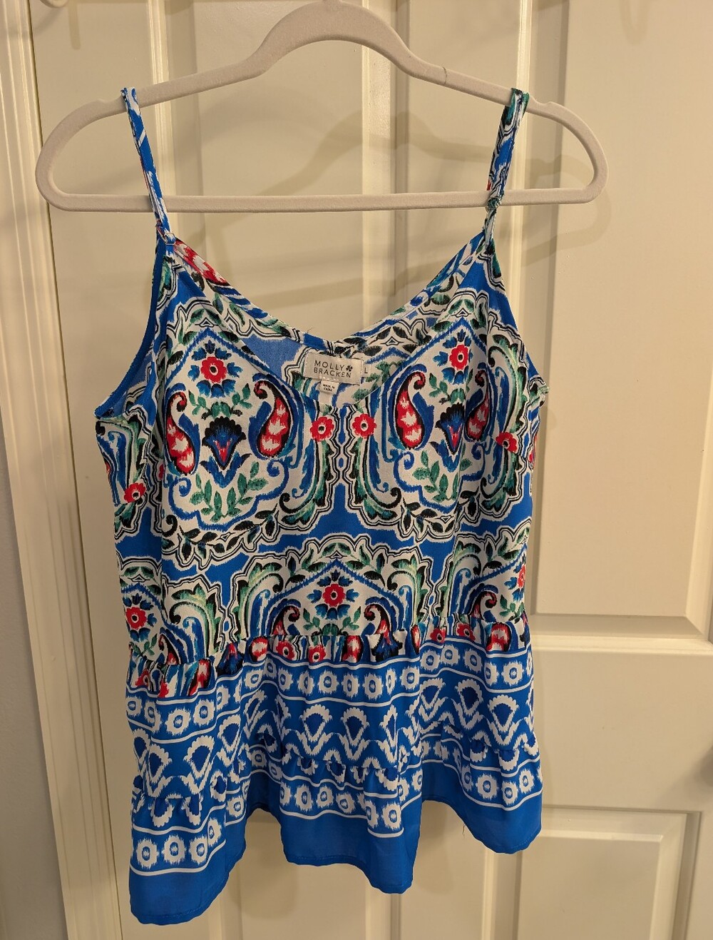 Molly Bracken Blue Paisley Print Spaghetti Strap Tank